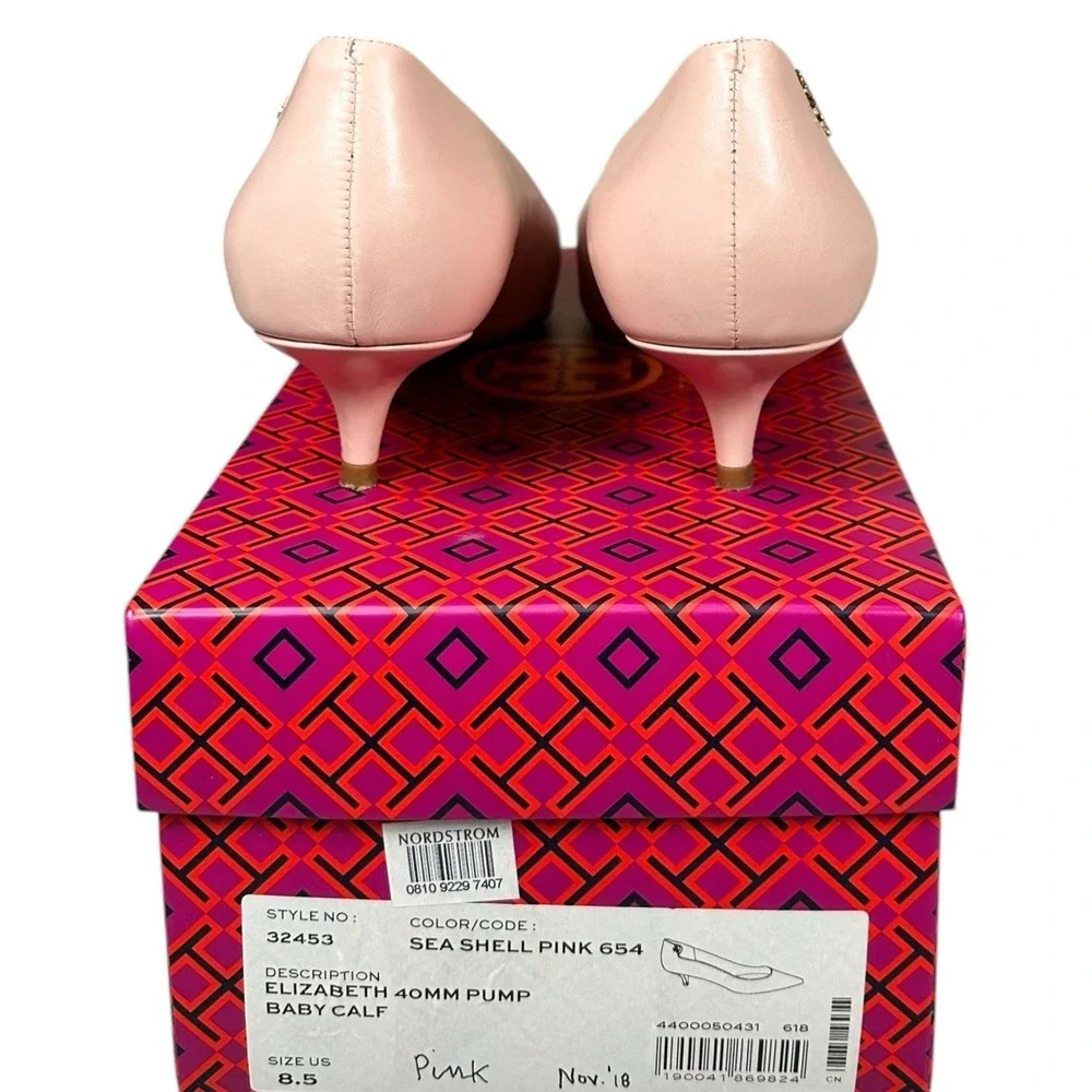 Tory Burch W 8.5 Elizabeth Kitten Pump Nude Blush Sea Shell Pink Pointed Leather